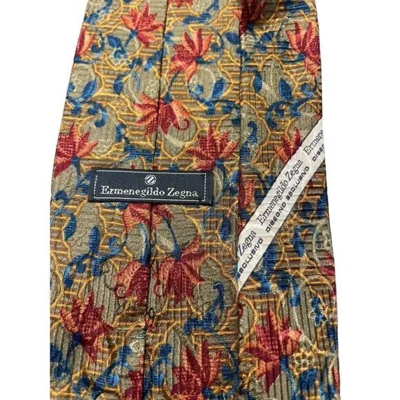 Ermenegildo Zegna Luxury Silk‎ Tie Vibrant Floral Pattern Gold Blue Red Z-101